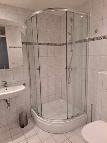 a bathroom with a shower and a sink at Derbyallround in Herkingen