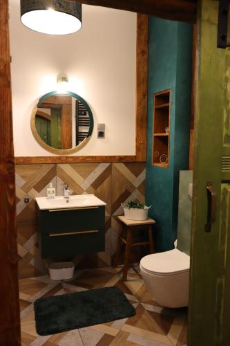 een badkamer met een wastafel, een toilet en een spiegel bij Chata Karkonoskiego Skrzata in Sosnówka