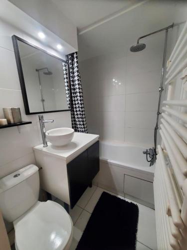 ein Bad mit einem WC, einem Waschbecken und einer Dusche in der Unterkunft Studio avec petit balcon et cheminée - Grand Massif in Les Carroz d'Araches
