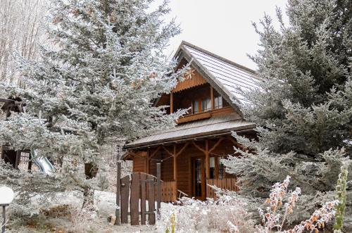una cabaña de madera en la nieve con árboles en Belwederek Karpacz, en Karpacz