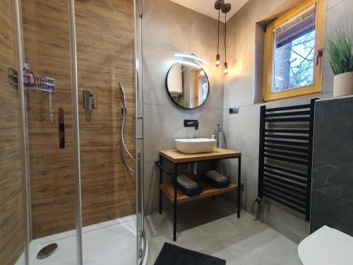 W łazience znajduje się umywalka i prysznic. w obiekcie Regionalny Domek pod Skocznią w Zakopanem