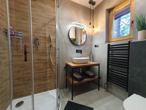 une salle de bain avec lavabo et douche dans l'établissement Regionalny Domek pod Skocznią, à Zakopane