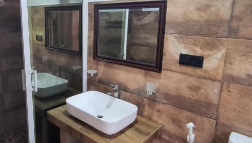 a bathroom with a white sink and a mirror at Dhammika Beach Palace in Wadduwa