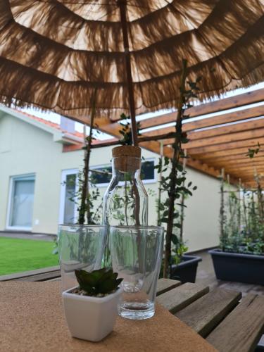Una botella de vidrio sentada en una mesa con una planta. en VILLAS com piscina, en Vila Nova de Gaia