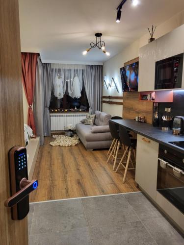 a kitchen and living room with a couch and a table at Pinewood ANG luxurious apartment A43, Borovets Gardens in Borovets
