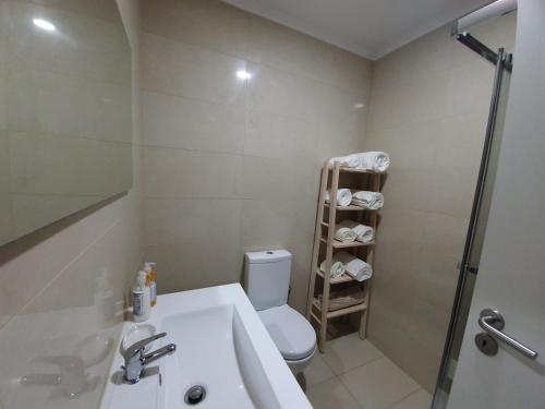 uma casa de banho com um WC, um lavatório e um chuveiro em Coimbra's Black & White em Coimbra