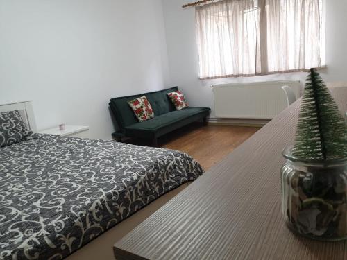 a bedroom with a bed and a potted plant on a table at Apartament La Vivi in Lupeni