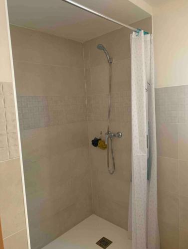 a shower with a shower curtain in a bathroom at La Barbería in Cascante del Río