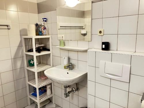 un pequeño baño blanco con lavabo y estanterías en City Center Apartment Villach, en Villach