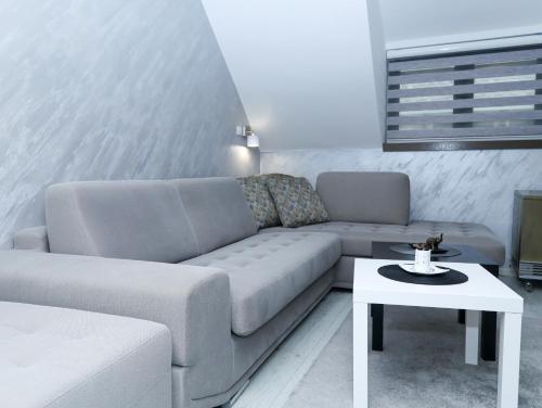 a living room with a couch and a table at Maja Lux Apartman Brzece in Brzeće
