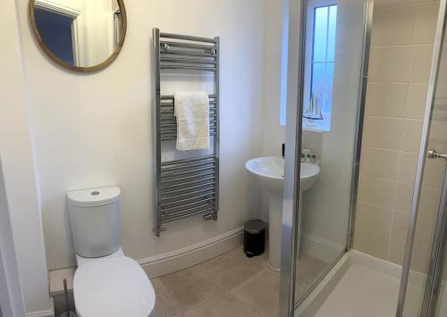 een badkamer met een toilet, een wastafel en een spiegel bij A beautiful house in Rothley in Rothley