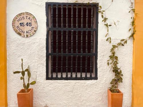 a window on a wall with two plants and a clock at Hostal 1545 in Ríohacha
