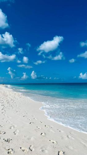 a beach with footprints in the sand and the ocean at One Happy Stay Santa Cruz - Casita in Santa Cruz