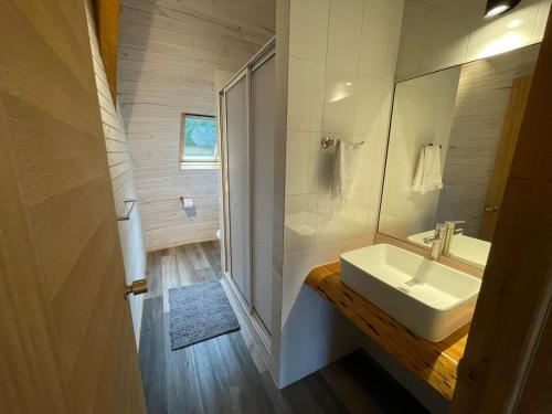 a white bathroom with a sink and a mirror at Domos Futronhue in Futrono