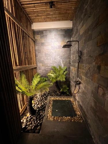 a bathroom with a shower with plants in it at TROPICAL HOUSE RIVERSIDE RETREAT in Thuan An