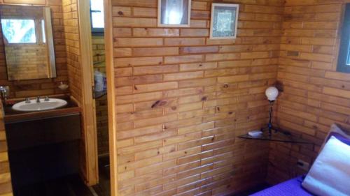 un baño con lavabo y espejo en Cabañas El Druida, en Villa General Belgrano