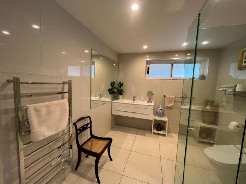łazienka z krzesłem, umywalką i toaletą w obiekcie White House w mieście Bicheno