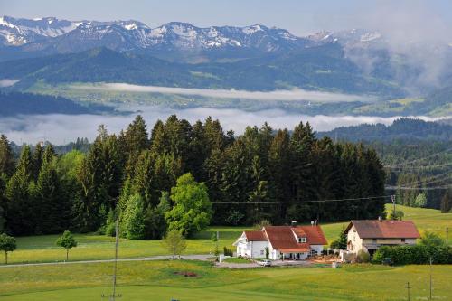 a house in a field with mountains in the background at Hotel Bergblick in Scheidegg