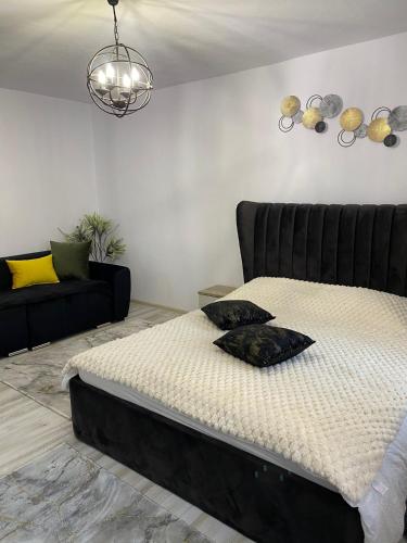 アルバ・ユリアにあるGarsoniera Mariaのソファ付きのリビングルームのベッド1台