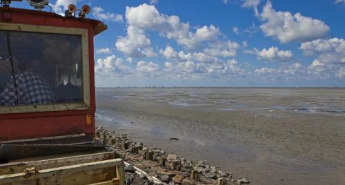 a person sitting on a boat on the beach at Anker's Hörn - Hotel & Restaurant auf der Hallig Langeness in Langeneß