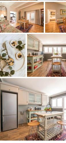 un collage di foto di una cucina e di un soggiorno di Old Village Lodge a McGregor