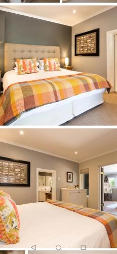 due immagini di una camera da letto con un grande letto di Old Village Lodge a McGregor