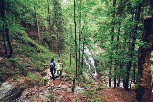 two people walking on a trail in a forest with a waterfall at Pohorje Village Wellbeing Resort - Family Apartments Bolfenk in Pohorje