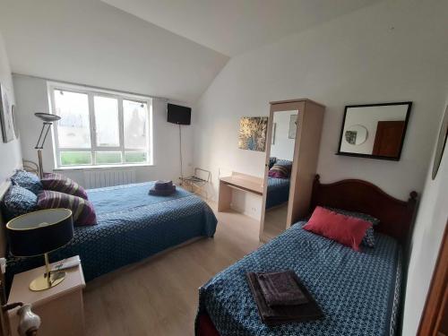 1 dormitorio con 2 camas y espejo en La Fuye du Chateau de Jallanges pour 17 personnes, en Vernou-sur-Brenne