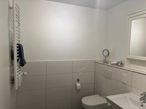 een witte badkamer met een toilet en een wastafel bij Heimathafen inkl Saisonstrandkorb und Waschmaschine in Heiligenhafen