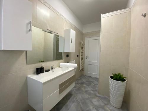 een witte badkamer met een wastafel en een spiegel bij B&B Art in Silvi Paese