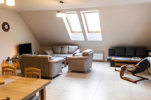 una sala de estar con tragaluces y sofás en Rodzinny apartament FOLKER, en Cisiec