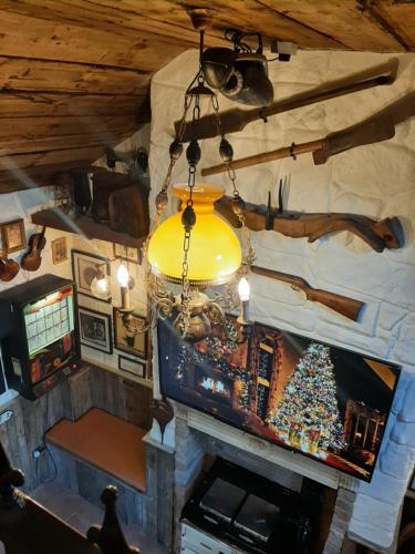 an overhead view of a room with a television and a fireplace at Nellie's Farmhouse in Carlingford