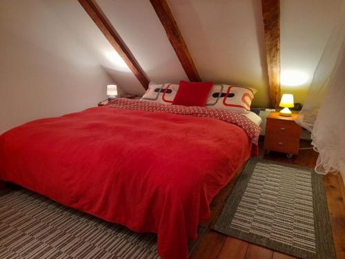a bedroom with a bed with a red blanket at Sibirska Central in Kolašin