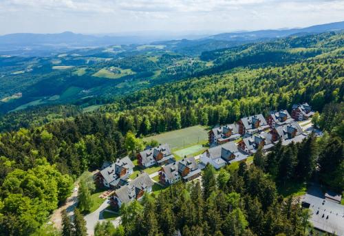 una vista aerea di un villaggio in una foresta di Pohorje Village Wellbeing Resort - Forest Apartments Videc a Hočko Pohorje
