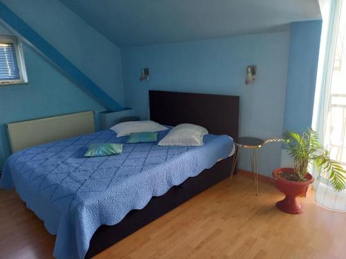 a blue bedroom with a bed with two pillows at Pensiunea Vila Dana in Cluj-Napoca