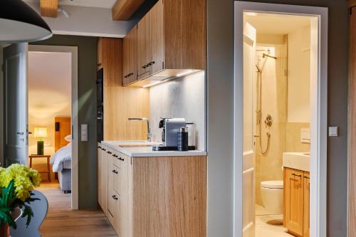 cocina con lavabo y aseo en una habitación en Bachmair Weissach See-Apartments, en Rottach-Egern
