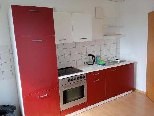 a small kitchen with red cabinets and a stove at Apartments K11 für Monteure in Chemnitz in Chemnitz