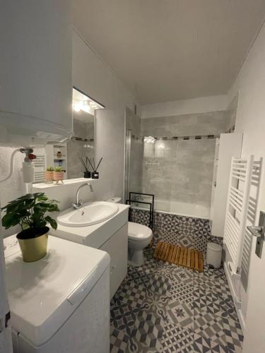 une salle de bain blanche avec un lavabo et des toilettes dans l'établissement Appartement au cœur de la station de Super-Besse, à Besse-et-Saint-Anastaise