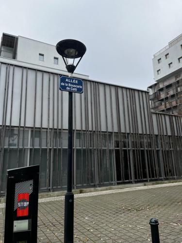 a street light with a blue street sign on it at @Coloc Gîtes urbains in Nantes