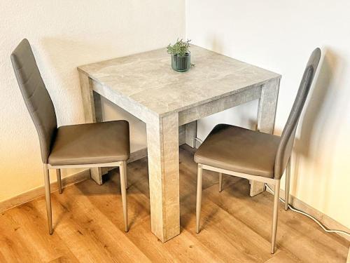 Apartment nähe Flughafen DUS في دوسلدورف: طاولة عليها كرسيين وطاولة عليها نبات
