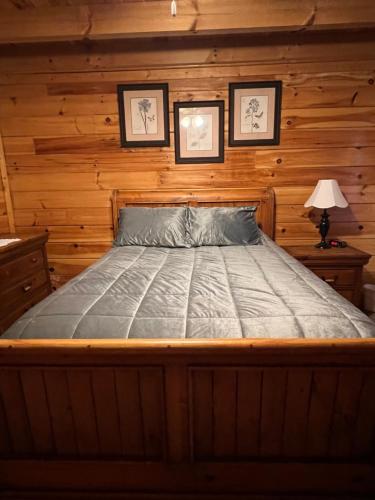 1 dormitorio con 1 cama en una cabaña de madera en Southern Grace en Sevierville