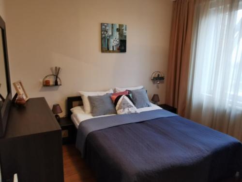 um quarto com uma cama com lençóis azuis e uma janela em Студио 836 em Bansko