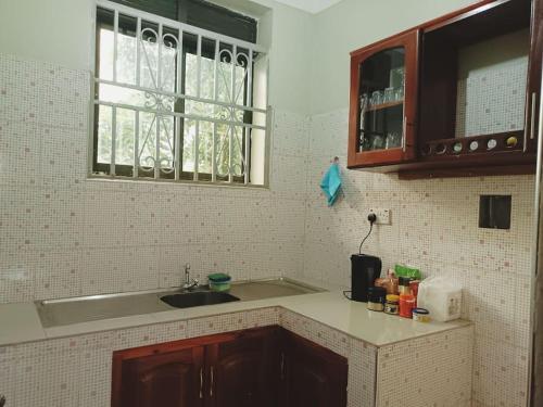 uma cozinha com um lavatório e uma janela em the sanctuary apartment em Namulanda