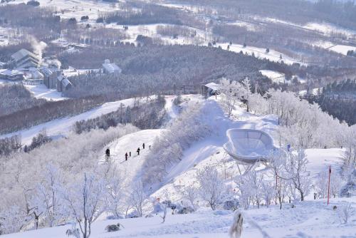 a group of people skiing down a snow covered slope at 暮らす宿ソラプチ Sorapchi Cabin 