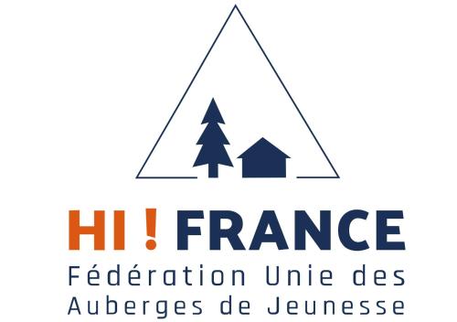 a triangle with a house and the text h j framework federation unite des audiences be at Auberge de Jeunesse HI Grenoble in Échirolles