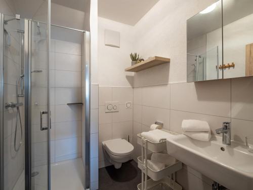 uma casa de banho com um WC, um lavatório e um chuveiro em App Neuschmid em Westendorf