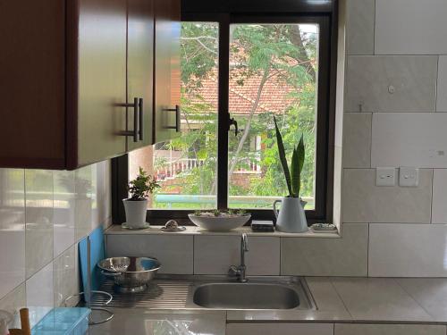 een keuken met een wastafel en een raam bij Kim luxury apartment in Kampala