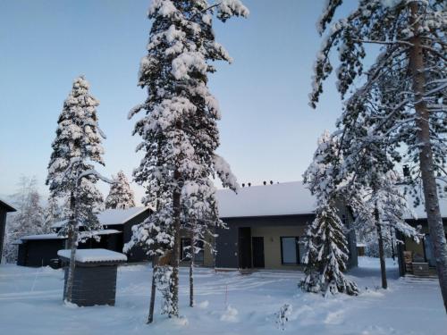 une maison dans la neige avec des arbres enneigés dans l'établissement Syötteenwalo, à Syöte