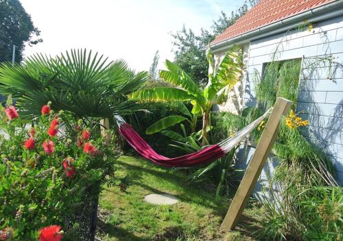 a hammock in a garden next to a house at Gîte des Zèbres Aventuriers... in L'Etang-Bertrand