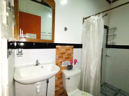 a bathroom with a sink and a toilet and a mirror at LADY GHAGHA ROOM RENTALs in San Vicente